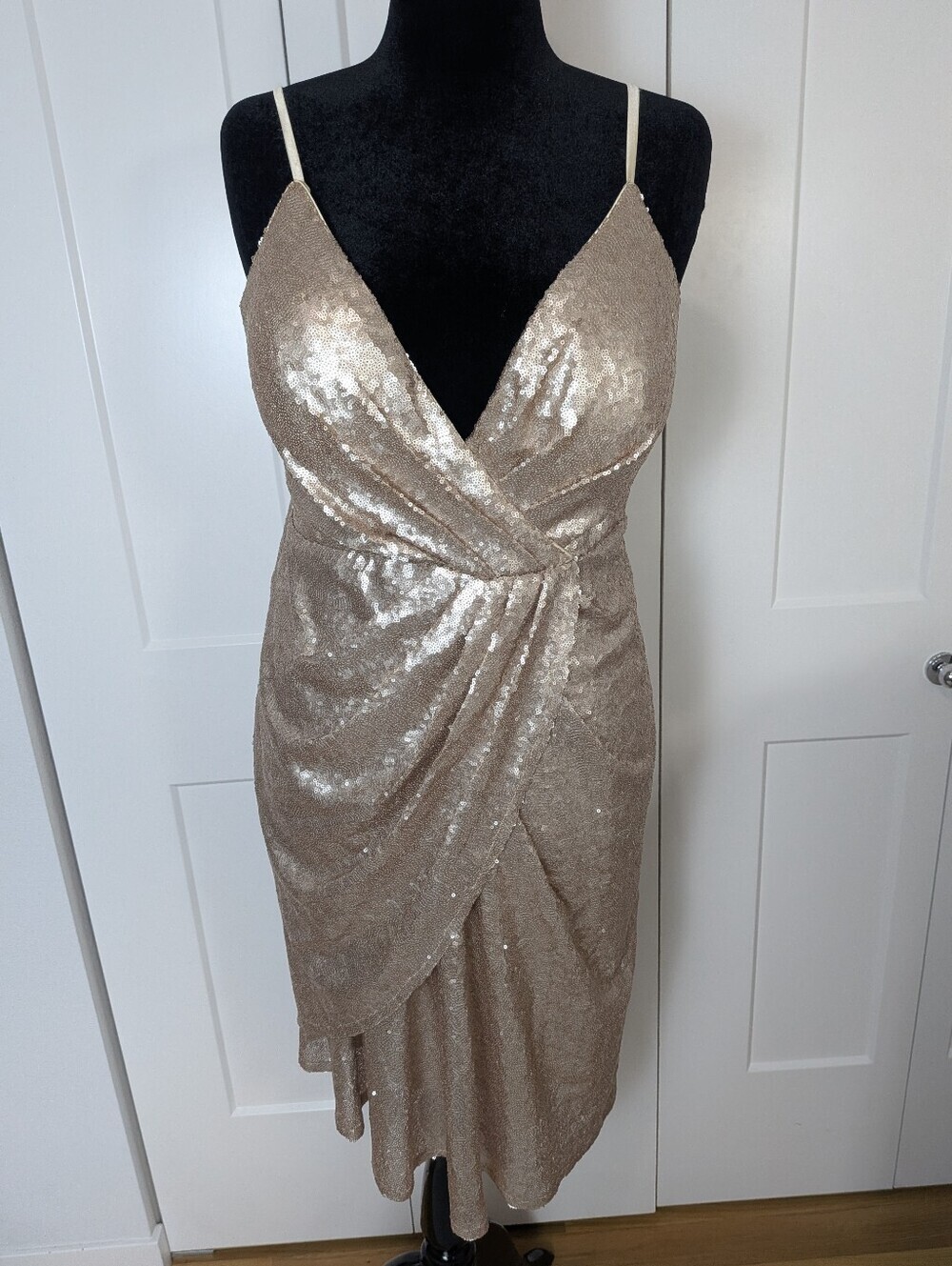 MACloth Women Midi Dresses Sequin VNeck Wedding Party Formal Gown Champagne Sz L